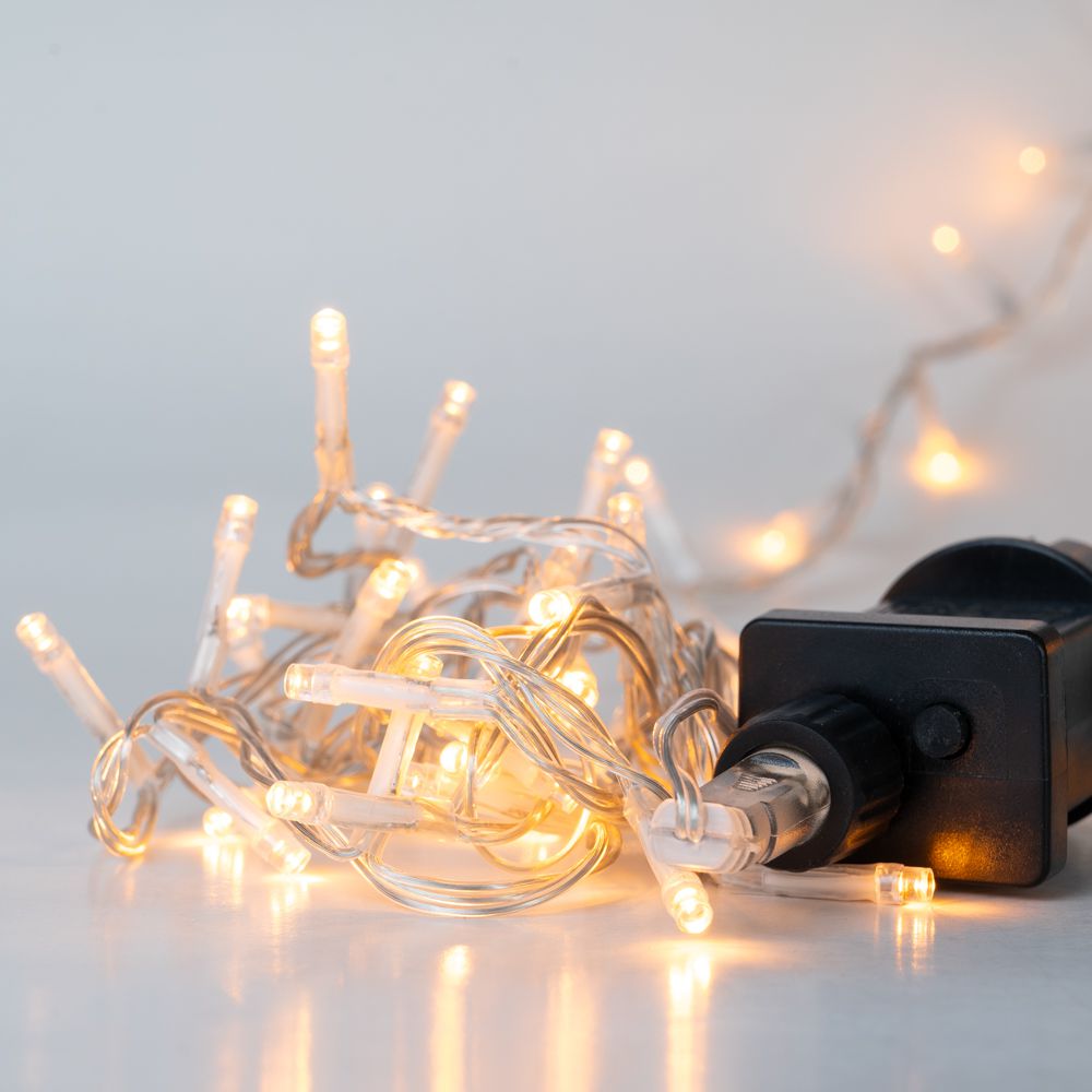 100 Led λαμπάκια IP44 με 8 προγράμματα διάφανο καλώδιο και θερμό λευκό φως 5μ