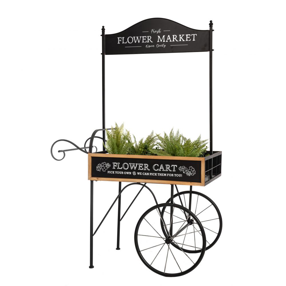 Flower Market μεταλλικό διακοσμητικό καρότσι σε μαύρο χρώμα με βάση για κασπώ και γλάστρες 92x67x167 εκ