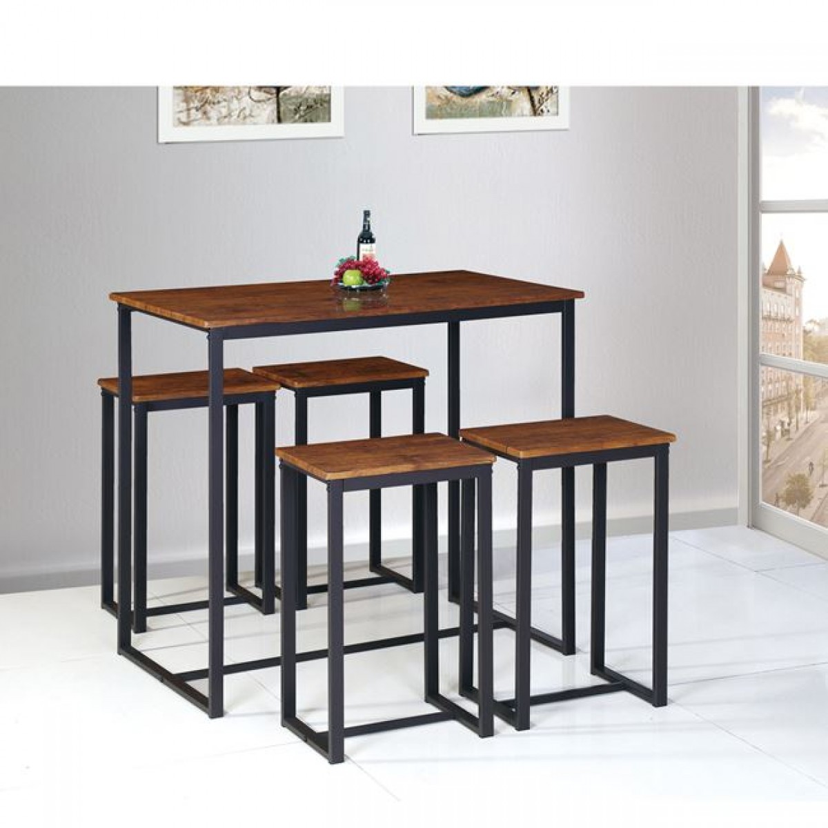Henry set bar τραπέζι 100X60cm και 4 σκαμπώ μεταλλικά σκούρο καφέ καρυδί
