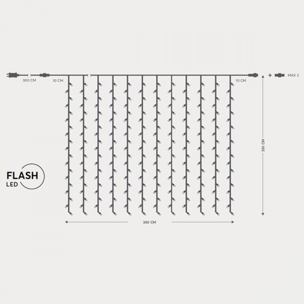 500 led flash κουρτίνα με διάφανο καλώδιο IP44  και θερμό λευκό φως 300x250 εκ