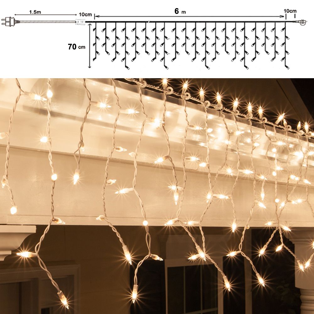 300 Led IP44 ασύμμετρη κουρτίνα με 8 προγράμματα διάφανο καλώδιο και soft white φως 600x70 εκ