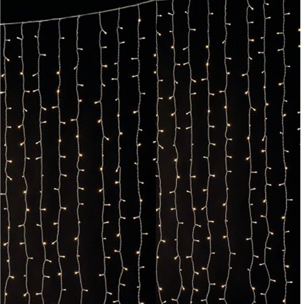 900 Led λαμπάκια IP44 κουρτίνα με επεκτεινόμενο διάφανο καλώδιο και λευκό θερμό φως 300x300 εκ
