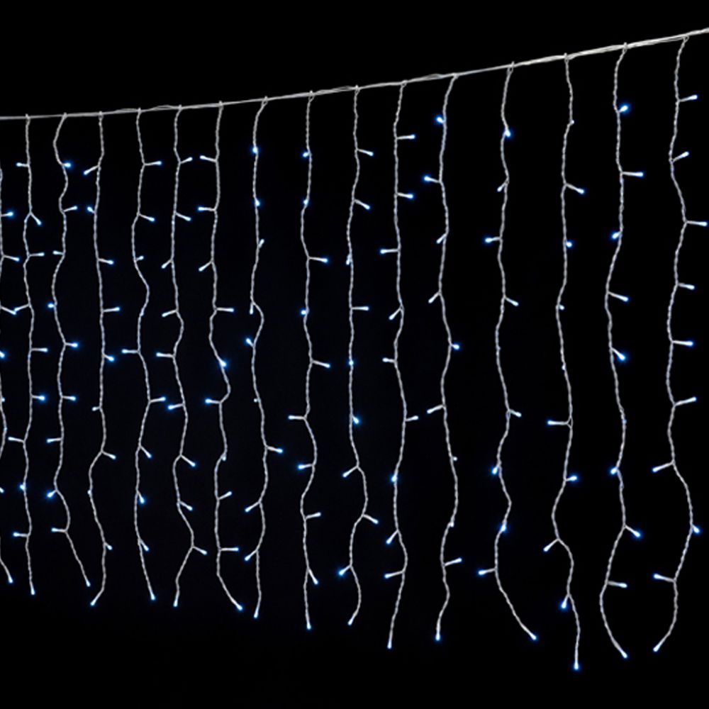 200 Led λαμπάκια IP44 κουρτίνα με επεκτεινόμενο διάφανο καλώδιο και ψυχρό λευκό φως 200x100 εκ