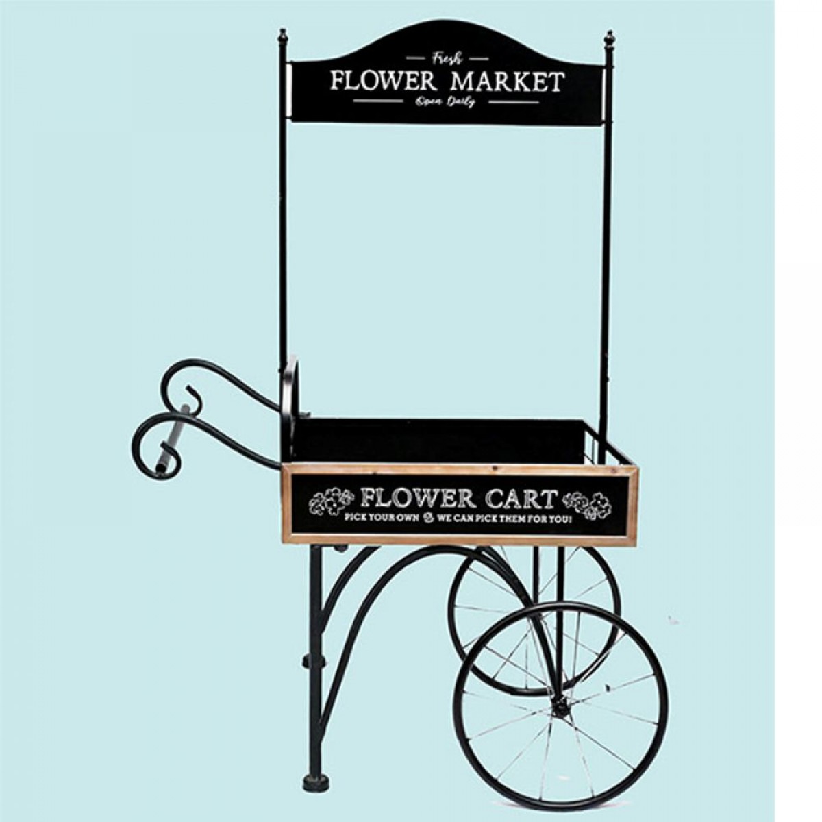 Flower Market μεταλλικό διακοσμητικό καρότσι σε μαύρο χρώμα με βάση για κασπώ και γλάστρες 92x67x167 εκ
