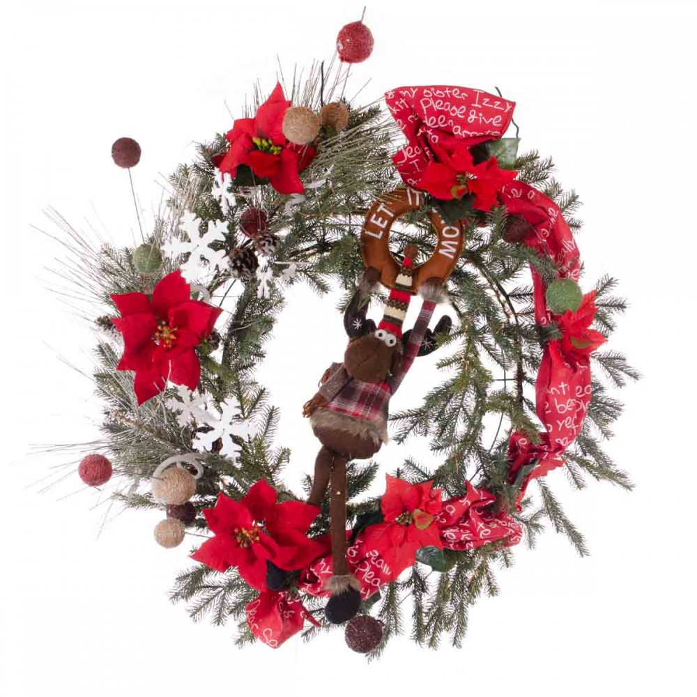 Happy Reindeer έτοιμο στολισμένο Χριστουγεννιάτιο στεφάνι full plastic με λαμπάκια 90 εκ