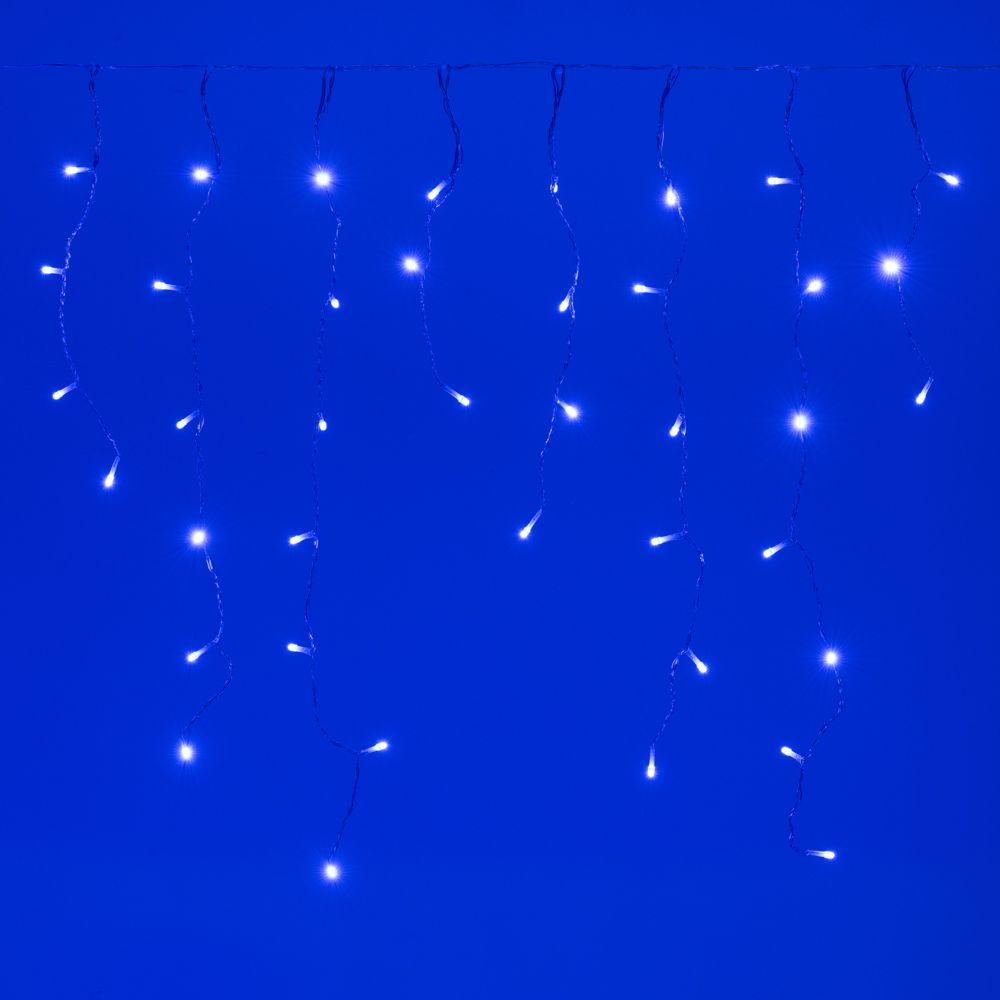 300 Led λαμπάκια IP44 ασύμμετρη κουρτίνα με 8 προγράμματα διάφανο καλώδιο και μπλε φως 600x70 εκ