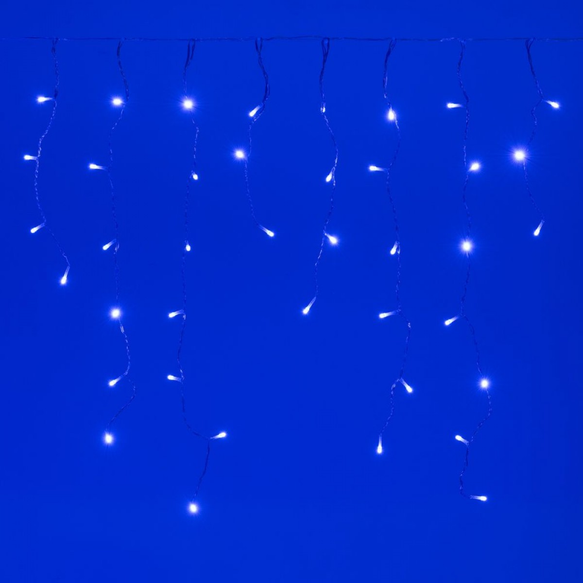300 Led λαμπάκια IP44 ασύμμετρη κουρτίνα με 8 προγράμματα διάφανο καλώδιο και μπλε φως 600x70 εκ