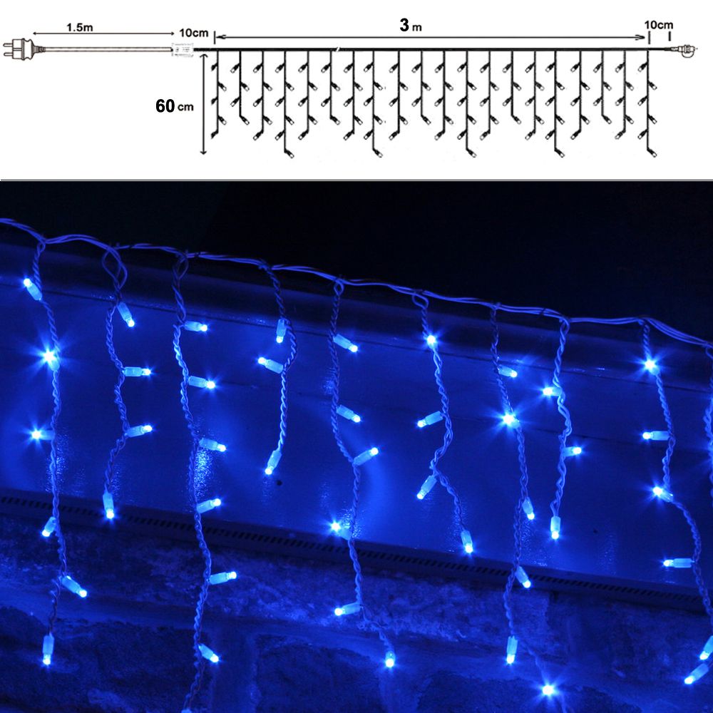 150 Led λαμπάκια ασύμμετρη κουρτίνα με επεκτεινόμενο διάφανο καλώδιο και μπλε φως 300x60 εκ