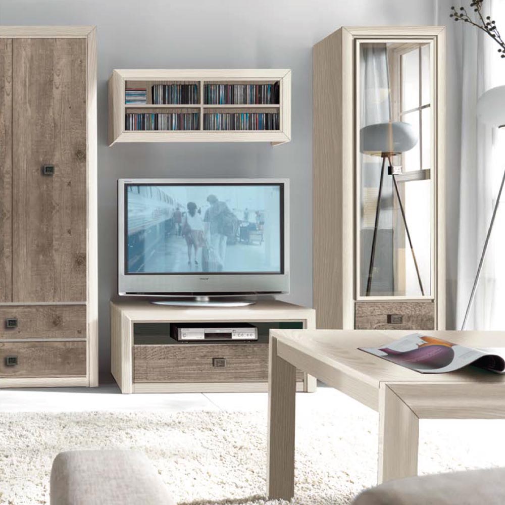 London βιτρίνα από MDF σε λευκή και φυσική απόχρωση με μια γυάλινη πόρτα και δύο συρτάρια 58,5x40x200,5 εκ