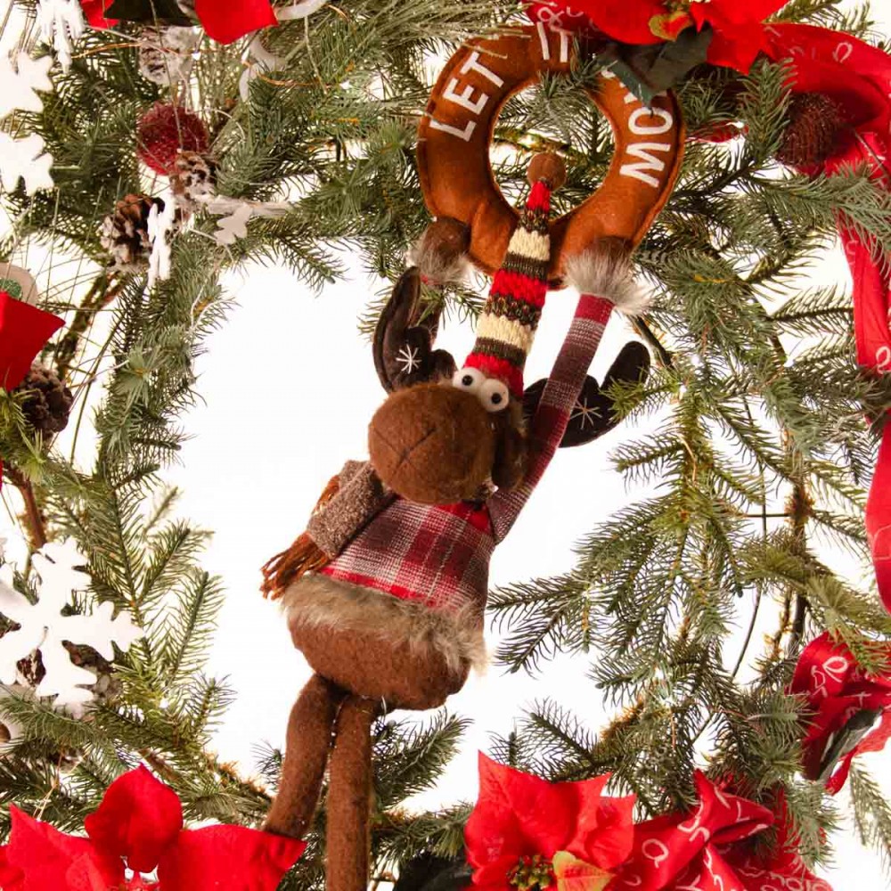 Happy Reindeer έτοιμο στολισμένο Χριστουγεννιάτιο στεφάνι full plastic με λαμπάκια 90 εκ