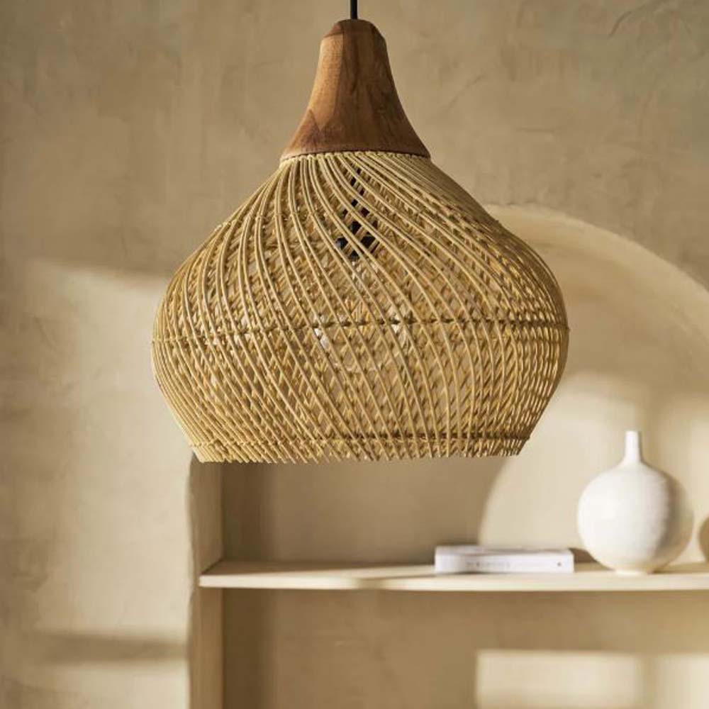 Καπέλο φωτιστικού Bell Natural S από rattan και παλαιωμένο ξύλο teak 40x40x40 εκ
