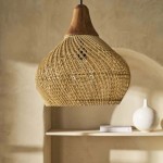 Καπέλο φωτιστικού Bell Natural S από rattan και παλαιωμένο ξύλο teak 40x40x40 εκ