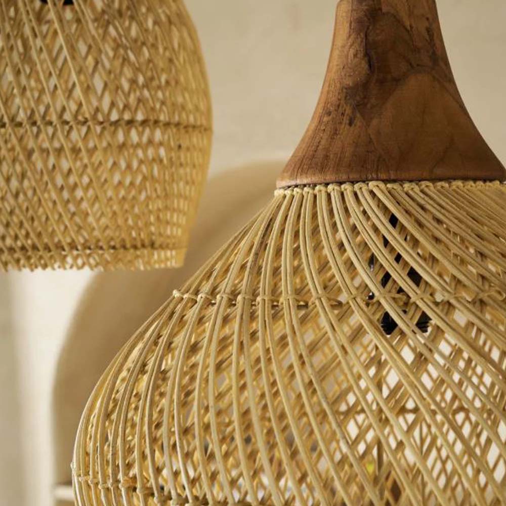 Καπέλο φωτιστικού Bell Natural S από rattan και παλαιωμένο ξύλο teak 40x40x40 εκ