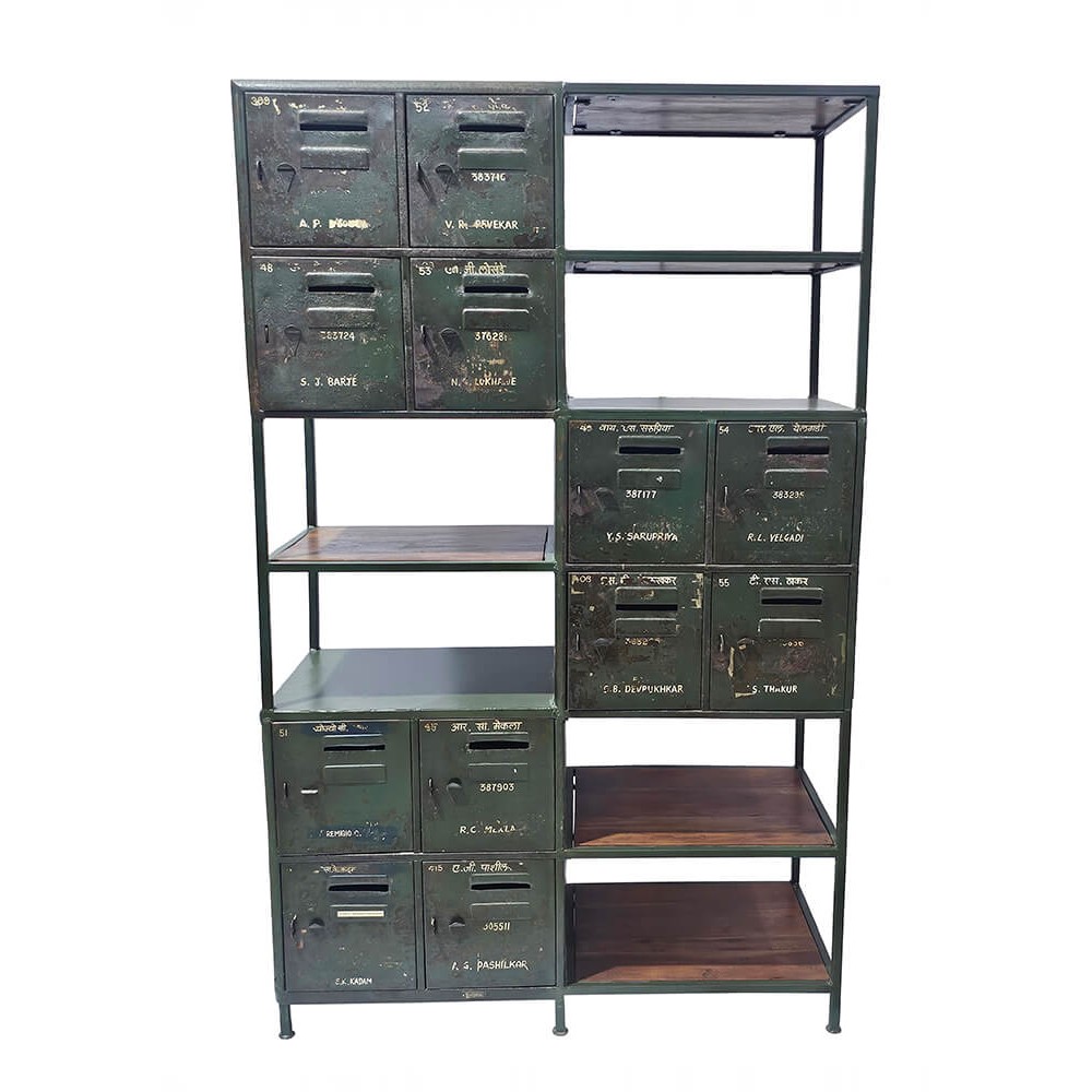 Βιομηχανικό ντουλάπι με ράφια και vintage locker ντουλάπια σε πράσινη απόχρωση 120x49x193 εκ